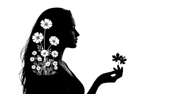 and black with white Flowers flowers Leaves. Woman Leaves woman Silhouette silhouette