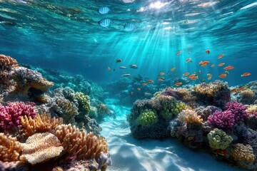 Naklejka premium Vibrant Coral Reef with Tropical Fish and Sunlight
