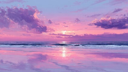 Pastel sunset over a beach.  A serene,  pink-purple  horizon with clouds reflecting in the calm water