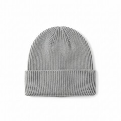 Close-up of a gray ribbed knit beanie on a white background