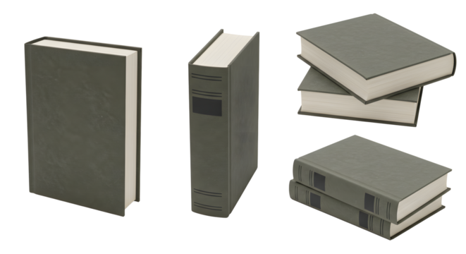 Collection of gray hardcover books on transparent background