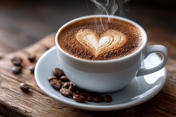 Fototapeta premium Steaming coffee cup with heart latte art