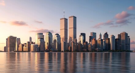Obraz premium New York City Skyline with World Trade Center Twin Towers at Sunset