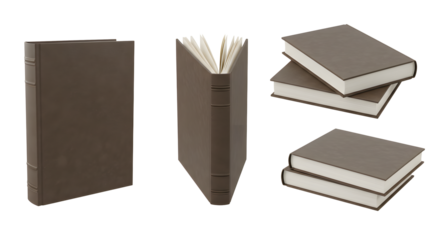 Several brown hardcover books in various poses on transparent background