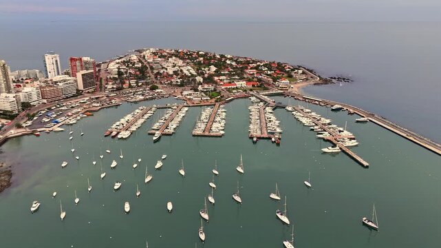 Aerial view of Punta del Este Port in Punta del Este city, Maldonado, Uruguay, at sunset