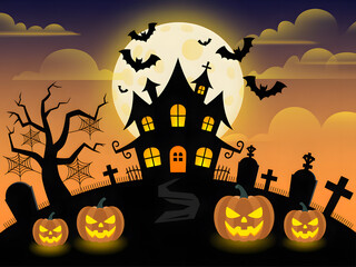 A Spooky Halloween Night Scene with Haunted Houses Pumpkins Bats and a Full Moon Creating an Eerie Atmosphere