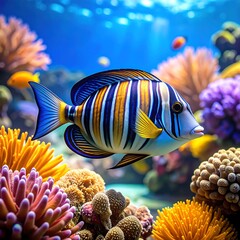 A vibrantly colored fish with striking patterns swims among colorful coral formations in a captivating underwater scene.