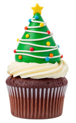 a chocolate muffin with a christmas tree cake topper and cream