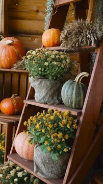 Ripe pumpkins lie on shelves among chrysanthemum flowers. Autumn aesthetic composition for harvest festival at the fair on vertical video.