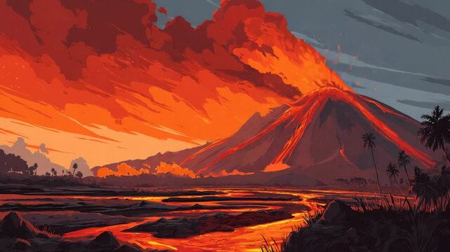 Volcano eruption landscape illustration