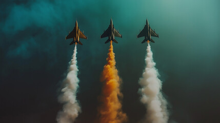 AI generator images of airplane jets in sky making color Stunning smoke and mist in contrasting green, orange and white, Flying display and aerobatics show in the sky Bastille Day military parade air 