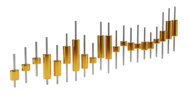 Golden candlestick stock market chart showing a positive upward trend, representing financial growth and investment.