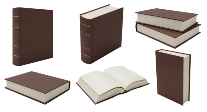 Collection of brown hardcover books, some open and stacked on transparent background