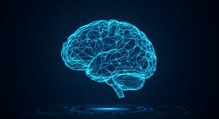x ray of brain - Digital wireframe brain with glowing blue nodes and lines, hovering above a tech interface. Futuristic concept of artificial intelligence, neural networks, and advanced data systems.