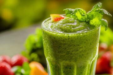Green smoothie served in a tall clear glass and decorated with basil