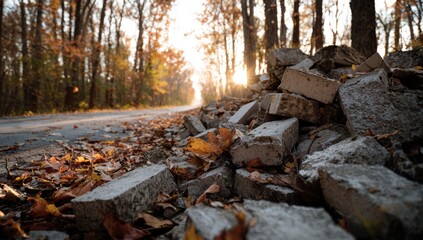 Autumnal debris pile by road