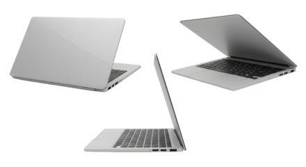 Three silver laptops in different open positions on black background on transparent background