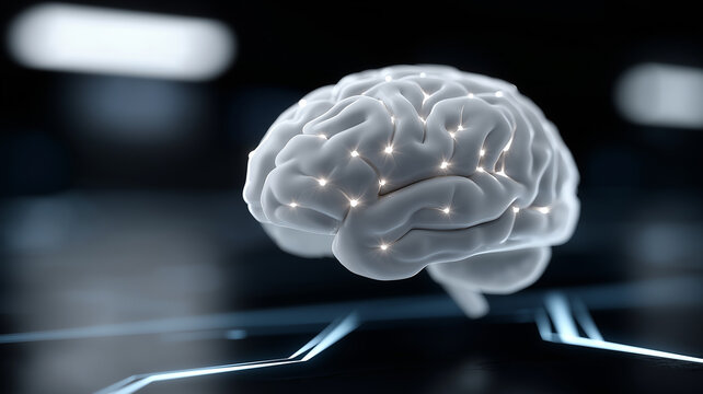 Futuristic artificial intelligence concept with glowing autonomous neural network brain surrounded by holographic circuits, big data streams, and digital grids in cybernetic atmosphere