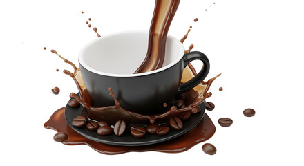 Close-up shot of dark roast coffee being poured into a black ceramic coffee cup, creating a dramatic splash. Coffee beans are scattered around the cup and saucer on a white background