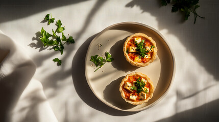 Kimchi tartlet with tofu, spicy kimchi, and microgreens, sprinkled with toasted sesame seeds.