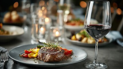 An elegant steak dinner beautifully plated with colorful vegetables, complemented by a glass of red wine. The warm ambiance creates a cozy dining experience.