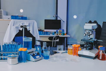 Collaboration, tablet or science with people in lab together for research or development. Innovation, tech and microscope with scientist team in clinical trial for planning or medical investigation