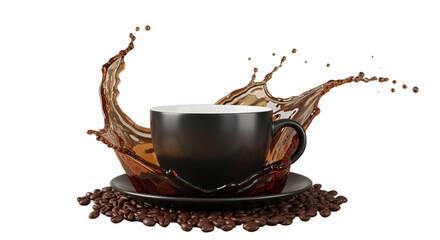 A dynamic image showcasing a black mug filled with coffee. The coffee is dramatically splashed, creating a visually arresting crown around the mug