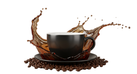 A dynamic image showcasing a black mug filled with coffee. The coffee is dramatically splashed, creating a visually arresting crown around the mug
