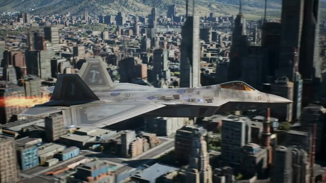 F-22 Raptor over Dystopian Cityscape