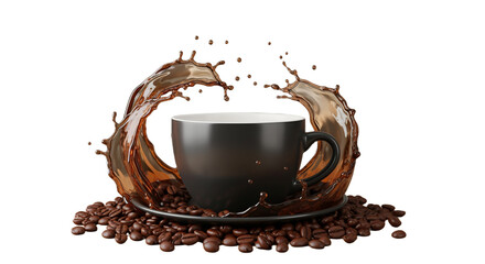 A dark-colored coffee mug is the central focus, encircled by a dynamic splash of dark coffee.  Coffee beans are artfully arranged around the base of the mug and saucer
