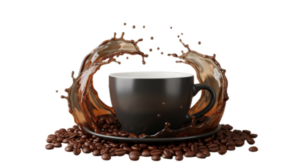A dark-colored coffee mug is the central focus, encircled by a dynamic splash of dark coffee.  Coffee beans are artfully arranged around the base of the mug and saucer