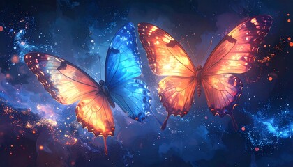 Two luminous butterflies in a night sky