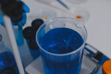 Collaboration, tablet or science with people in lab together for research or development. Innovation, tech and microscope with scientist team in clinical trial for planning or medical investigation