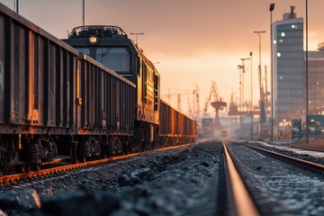 Fototapeta premium Freight train on railway tracks in industrial port area with sunset light and cargo cranes