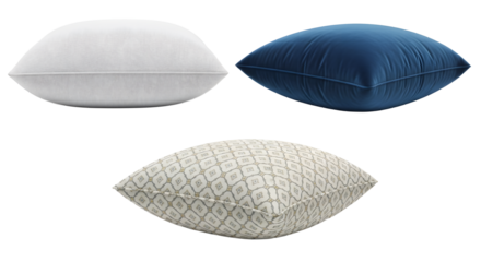 Three decorative pillows: white textured, blue velvet, and patterned on transparent background