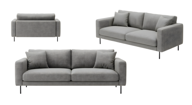 Three gray sofas on a black background on transparent background