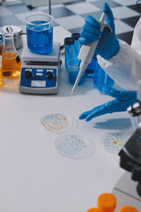 Collaboration, tablet or science with people in lab together for research or development. Innovation, tech and microscope with scientist team in clinical trial for planning or medical investigation