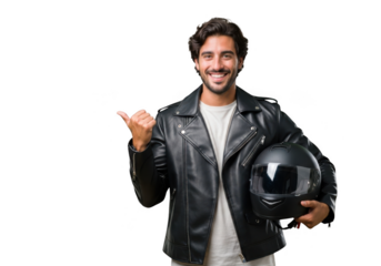 Happy man in leather jacket holding motorcycle helmet and pointing left transparent background
