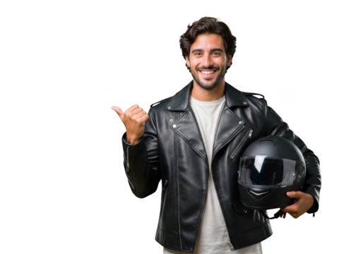 Happy man in leather jacket holding motorcycle helmet and pointing left transparent background