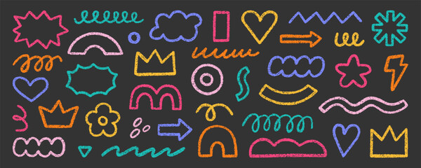 Abstract geometric shapes and forms, chalk pencil doodle set. Crayon modern figures, brush crown, stars, arrow in sketch style. Hand drawn vector illustration isolated on black background