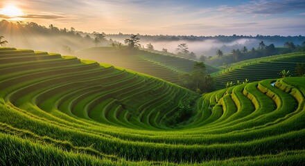 Lush green rice terraces bathed in the warm glow of early morning sun