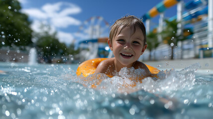Happy energetic young boy leaping into sparkling pool at outdoor waterpark with orange float splashing water and enjoying carefree summer vacation adventure in lively family fun environment