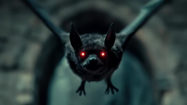 Dark and dramatic flying bat with glowing red eyes eerie creature in a gothic night scene