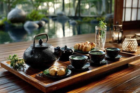 Tranquil tea ceremony setup by a serene pond