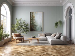 A spacious living room with a couch, a chair, a coffee table, and a potted plant. The room has a modern design with a white wall and a greenish-grey color scheme