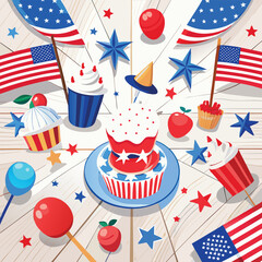 Independence Day celebration background pattern with seamless vector illustrations of hats, stars, and flags