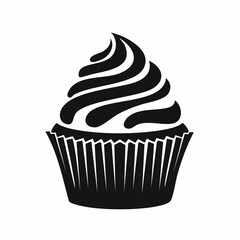 Cupcake silhouette. This image shows a simple black and white silhouette of a cupcake with a swirl of frosting, representing a bakery treat. Vector clipart illustration design.