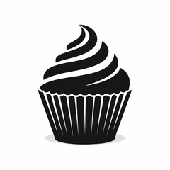 Cupcake silhouette. This image shows a simple black and white silhouette of a cupcake with a swirl of frosting, representing a bakery treat. Vector clipart illustration design.