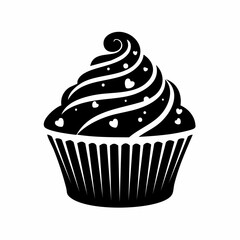 Cupcake silhouette. This image shows a simple black and white silhouette of a cupcake with a swirl of frosting, representing a bakery treat. Vector clipart illustration design.