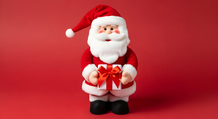 Obraz premium Classic Santa Claus figurine holding wrapped gift on red background — cozy Christmas toy and holiday decor concept